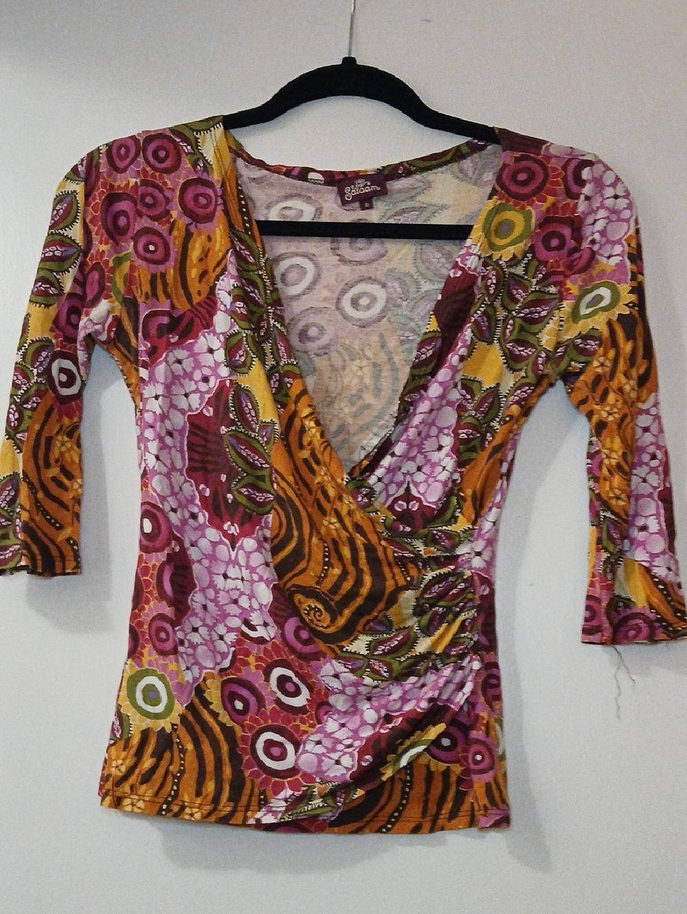 Salaam Psychedelic BOLD Patterned Floral Wrap Blouse Pink, Mustard & Green, S
